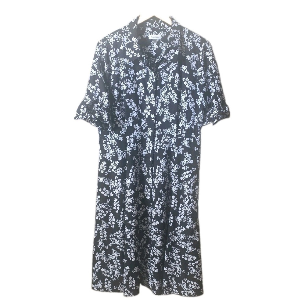Calvin Klein Black White Floral Shirt Dress Collared Short Sleeve Midi Size 16